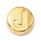 304 Stainless Steel Beads, Flat Round with Letter, Golden, Letter J, 7x3.5mm, Hole: 1.7mm