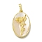 Brass Pave Shell Birth Flower Pendants, Oval Charms, Real 18K Gold Plated, Flower, 25x16x4~5mm, Hole: 4x6.5mm