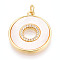Brass Micro Pave Clear Cubic Zirconia Pendants, with Shell, Flat Round, with Jump Ring, Real 18K Gold Plated, 22.5x20x2.5mm, Hole: 3mm