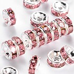 Grado de latón un Diamante de imitación entrepieza de abalorios, color plateado, sin níquel, rosa, 6x3mm, agujero: 1 mm