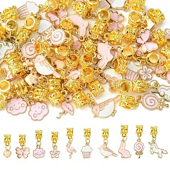 50 pièces 10 styles en alliage émail rose breloques européennes, Pendentif grande trou, or clair, fleur, flamant et papillon, formes mixtes, rose, 23~31mm, Trou: 4.3x4.4mm, 5 pièces / style
