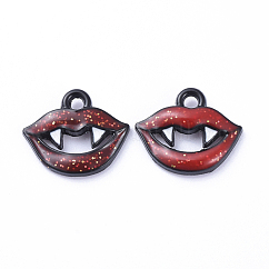 Pendentif en émail d'alliage noir, bouche de crocs pour halloween, noir, 11x13x2mm, Trou: 2mm