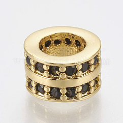 Abalorios de latón con pavé de circonitas, sin plomo y cadmio, Abalorios de grande agujero, columna, negro, dorado, 8.5x5.5mm, agujero: 5 mm