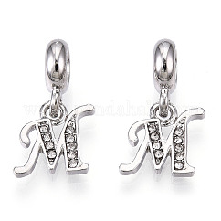 Charms pendenti europei con strass in lega di placcatura a cremagliera in platino, Ciondoli di grandi dimensioni, lettera,  cadmio& piombo libero, letter.m, 23~27mm, Foro: 4.5 mm, pendenti: 13~16.5x6~14x2 mm, Foro: 2 mm