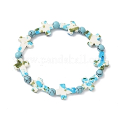 Bracelets extensibles en perles rondes et croix turquoise synthétiques peintes à la main pour hommes et femmes&nbsp;BJEW-JB12341-02