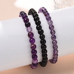 3 pièces 3 style améthyste naturelle et agate noire ensemble de bracelets extensibles perlés ronds&nbsp;PW23030762789