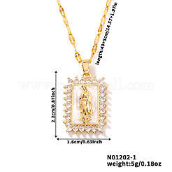 Colliers à pendentif rectangulaire en laiton pavé de zircones cubiques transparentes avec pendentif Vierge Marie&nbsp;UJ6702-1