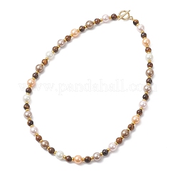 Halsketten mit 9 mm Muschelperlen und 7 mm natürlichen Tigeraugen-Rundperlen für Damen&nbsp;NJEW-JN05699