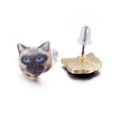Orecchini a bottone con gattino in lega placcata oro reale 14k&nbsp;EJEW-G148-01G-05