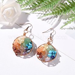 Geflochtener Ring aus Natur- und Synthetik-Edelsteinsplittern mit Lebensbaum-Ohrringen&nbsp;EJEW-JE04878-02