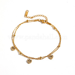 Tobilleras de una sola hebra de acero inoxidable 304 con dije de triple corazón de cristal y rhinestone para mujer.&nbsp;WG509DE-01