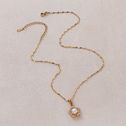 Collares vintage de acero inoxidable 304 con colgante de flor de vidrio y perla de imitación para mujer.&nbsp;BV5494