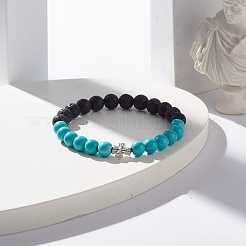 Bracciale elastico rotondo in turchese sintetico e roccia lavica naturale&nbsp;BJEW-JB07470-03