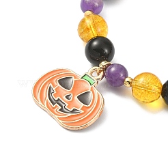 Braccialetto elasticizzato con perline rotonde e pietre preziose naturali miste con ciondoli a forma di zucca smaltati in lega per Halloween&nbsp;BJEW-TA00271
