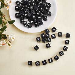 20 pièces cube noir lettre perles de silicone 12x12x12mm dés carrés alphabet perles avec 2mm trou entretoise perles de lettre en vrac pour bracelet collier fabrication de bijoux&nbsp;JX433Q