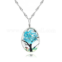 Collane con catena di Singapore in lega con ciondolo ovale in vetro con albero della vita con fiori secchi&nbsp;FS-WG9834F-08