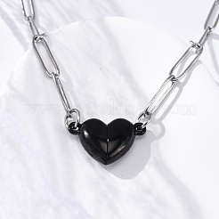Collane con catena a forma di graffetta con ciondolo a forma di cuore magnetico bifacciale in acciaio inossidabile 304&nbsp;LS-NJEW-U028-02B