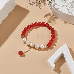 Bracciale elasticizzato con corniola naturale (tinta e riscaldata) e pietra di luna bianca e perline con ciondoli nappa per donna&nbsp;BJEW-JB09009-02