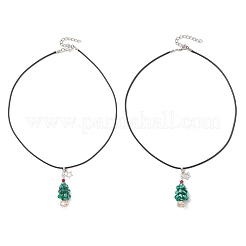 2 stücke 2 arten galvanisieren glas perlen dunkel cyan weihnachtsbaum & legierung stern anhänger schwarz gewachste baumwollkordel halsketten&nbsp;NJEW-MZ00123