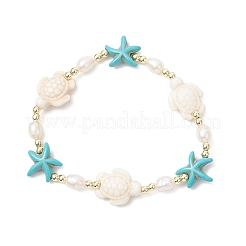 Bracciali da donna con perline sintetiche di turchese a forma di tartaruga e stella marina e perle naturali d'acqua dolce coltivate&nbsp;BJEW-JB12046-02
