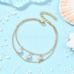 Armbänder aus Messingkabelketten und doppellagigen Armbändern mit natürlichen Süßwasserzuchtperlen für Damen&nbsp;BJEW-JB14135-01
