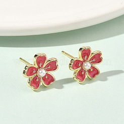 Boucles d'oreilles à clous en laiton et plastique ABS avec motif floral et perles&nbsp;EJEW-P336-07G-02