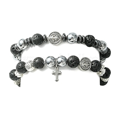 2 Stück 2-teiliges Stretch-Armband-Set mit Perlen aus natürlichem Lavagestein und Legierung mit Saint-Benedikt-Medaille&nbsp;BJEW-JB09635