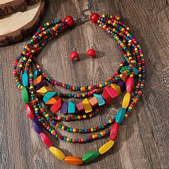 Conjuntos de collares y pendientes colgantes multicapa con cuentas de madera de estilo bohemio&nbsp;WG33684-01