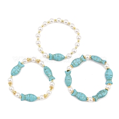 Set di 3 bracciale elastico con perle sintetiche in turchese e conchiglia&nbsp;BJEW-JB12488