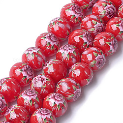 Perle di vetro stampate e verniciate a spruzzo, tondo con motivo floreale, rosso, 12~12.5x11.5mm, Foro: 1.4 mm