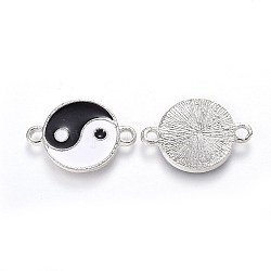 Connettori per collegamenti smaltati in lega feng shui, piatta e rotonda con yin yang, bianco e nero, platino, 26x18x2mm, Foro: 3 mm