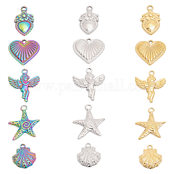 CHGCRAFT 15Pcs 15 Styles 304 Stainless Steel Pendants, Angel & Heart & Heart with Flower & Shell Shape & Starfish, Mixed Color, 17.5~23x13~20x2.5~3mm, Hole: 1.8~2mm, 1pc/style