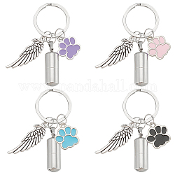 NBEADS 4 Pcs 4 Colors Pet Ashes Key Chain, Pet Memorial Keychain Dog Cat Cremation Keychain Alloy Pet Ashes Keepsake Pet Cremation Jewelry Paw Print Urn Pendant with Angel Wings