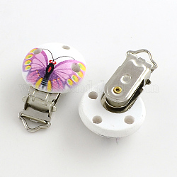 Motif papillon imprimé bois clip porte bébé suce avec fermoir de fer, plat rond, platine, orchidée, 28x28mm, Trou: 4mm