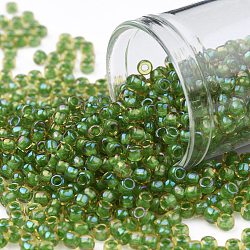 Toho perles de rocaille rondes, Perles de rocaille japonais, (393) couleur intérieure topaze / doublée vert opaque, 8/0, 3mm, Trou: 1mm, environ 1110 pcs/50 g