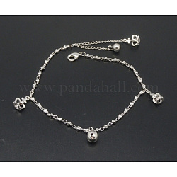 Brass Anklets, with Brass Pendants, Bells and Lobster Clasps, Imperial Crown, Platinum, Size: about 2.4mm wide, 305mm long, 75mm inner diameter