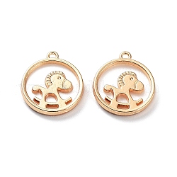 Rack Plating Alloy Resin Imitation Shell Pendants, Flat Round with Rocking Horse Charms, Light Gold, 17x15x2mm, Hole: 1.4mm