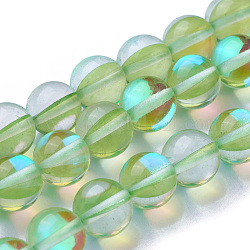 Synthetische Mondstein Perlen Stränge, gefärbt, holographische Perlen, halb a,b Farbe plattiert, Runde, hellgrün, 8 mm, Bohrung: 1 mm, ca. 49 Stk. / Strang, 15 Zoll