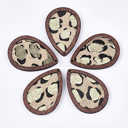 Eco-Friendly Cowhide Leather Pendants, with Dyed Wood, teardrop, with Leopard Print, Navajo White, 46x32.5x4mm, Hole: 1.2mm