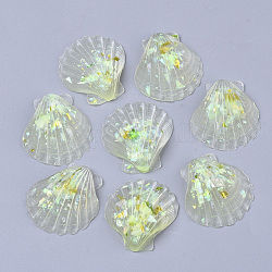 Transparent Epoxy Resin Cabochons, Imitation Jelly Style, with Sequins/Paillette, Shell/Scallop Shape, Light Green, 29~30x26~27x8mm