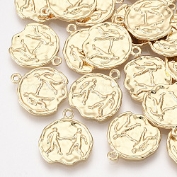 Brass Pendants, Flat Round with Constellations, Real 18K Gold Plated, Gemini, 16x14x1~1.5mm, Hole: 1mm