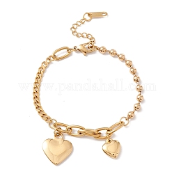 Vacuum Plating Double Heart Charms Bracelet with 304 Stainless Steel Chains for Women, Golden, 6-7/8 inch(17.4cm)