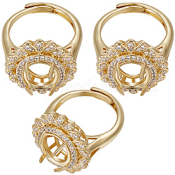 Beebeecraft 3Pcs Adjustable Brass Micro Pave Clear Cubic Zirconia Finger Ring Components, 4 Claw Prong Ring Settings, Flower, Golden, Inner Diameter: 18.4mm, Tray: 12x10mm
