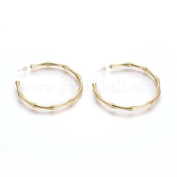 Semicircular Brass Stud Earrings, Half Hoop Earrings, with 925 Sterling Silver Pin and Plastic Ear Nuts, Long-Lasting Plated, Bamboo Shape, Golden, 52.5x3.5mm, Pin: 0.7mm