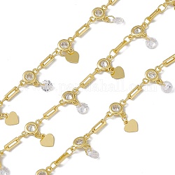 Brass Rectangle & Cubic Zirconia Flat Round Link Chains, with Heart Charms, with Spool, Soldered, Long-Lasting Plated, Cadmium Free & Nickel Free & Lead Free, Real 18K Gold Plated, 8.5x6.5x2mm and 6x2x0.5mm