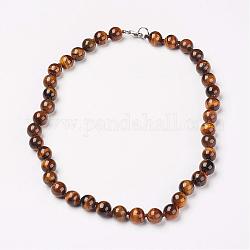Colliers en forme de perles de tigre naturel, avec fermoirs mousquetons en laiton  , ronde, 17.7 pouce (45 cm) de long, Perles: 8mm.
