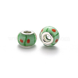 Handmade Lampwork European Beads, Large Hole Rondelle Beads, with Platinum Tone Brass Double Cores, Dark Sea Green, 14~15x9~10mm, Hole: 5mm