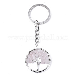 Natural Rose Quartz Chips Chakra Keychain, with Platinum Plated Stainless Steel Split Key Rings, Flat Round with Tree, 90mm
