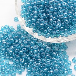 8/0 perles de rocaille en verre, Grade a, ronde, couleurs transparentes lustered, bleu ciel, 2.8~3.2mm, Trou: 1.0mm, environ 1500 pcs/50 g