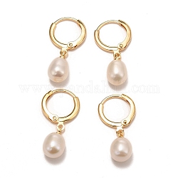 Brass Hoop Earrings, with Natural Pearl, Long-Lasting Plated, Real 18K Gold Plated, White, 28mm, Pin: 0.8mm
